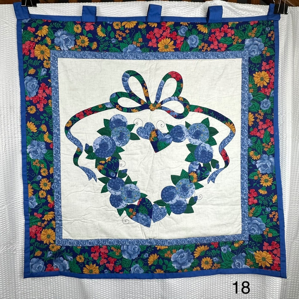 Vintage 1990s Handmade Quilt Wall Hanging Floral Heart Applique 35x35 Cottage